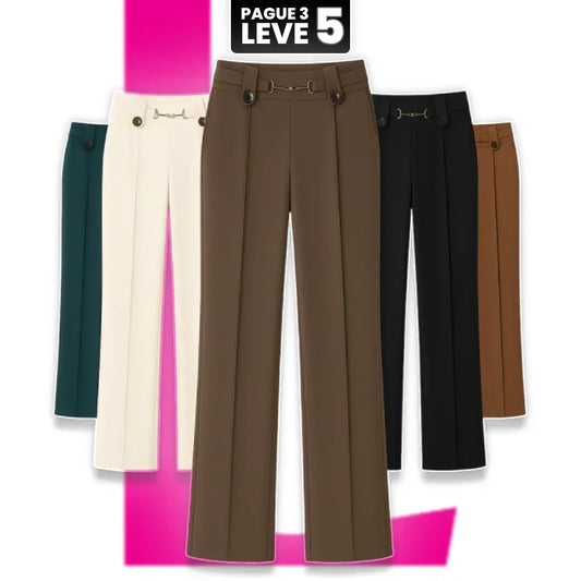 Kit 5 Calças Femininas Lavina de Cintura Alta com Botões Frontais em Poliéster e Seda Gelo