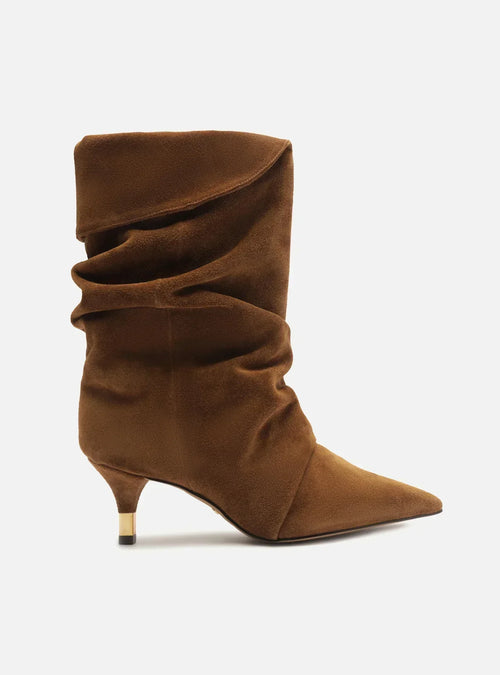 Bota Marrom Suede Cano Médio Salto Fino Slouch
