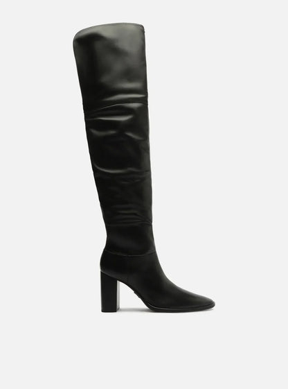 Bota Over The Knee Preta Couro Salto Alto
