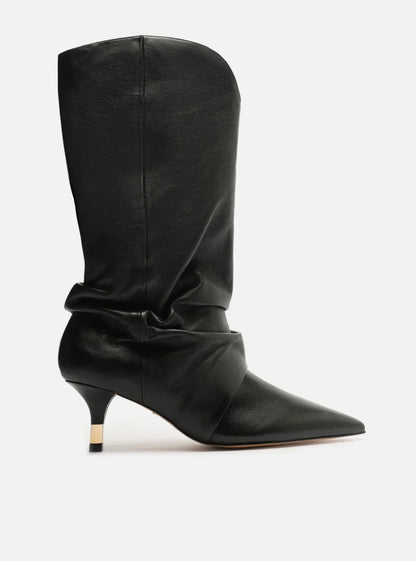 Bota Preta Couro Cano Médio Salto Fino Slouch