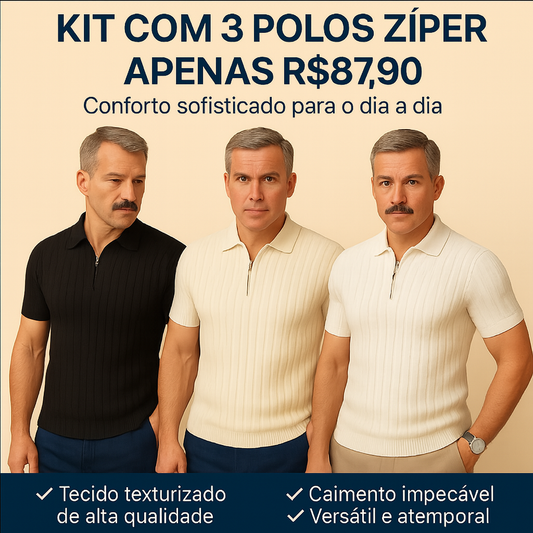 Kit com 3 Polo Zíper Malha Piquet - Não amassa, não desbota e 0 transparência