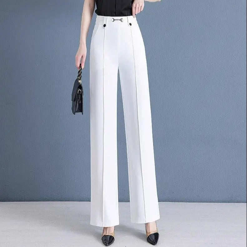 Kit 5 Calças Femininas Lavina de Cintura Alta com Botões Frontais em Poliéster e Seda Gelo