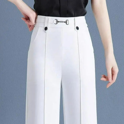 Kit 5 Calças Femininas Lavina de Cintura Alta com Botões Frontais em Poliéster e Seda Gelo