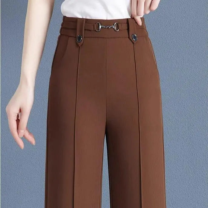 Kit 5 Calças Femininas Lavina de Cintura Alta com Botões Frontais em Poliéster e Seda Gelo