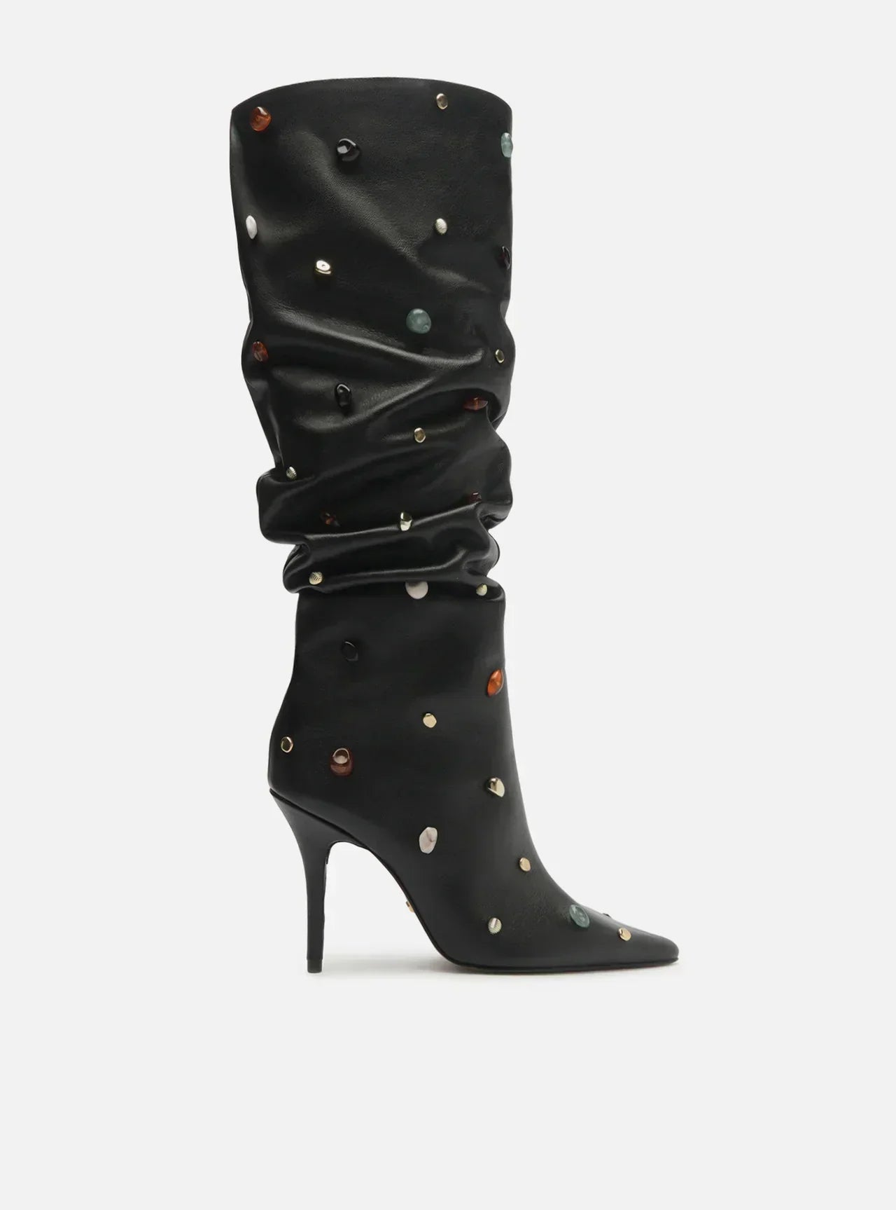 Bota Preta Couro Salto Fino Slouchy Pedras