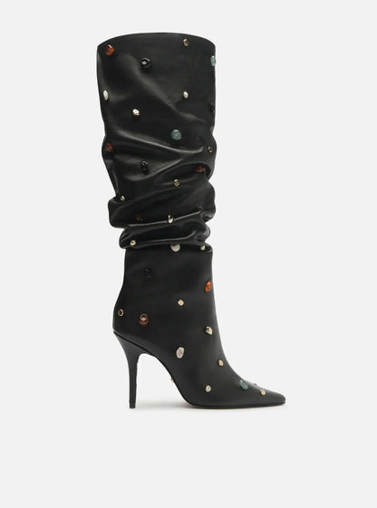 Bota Preta Couro Salto Fino Slouchy Pedras