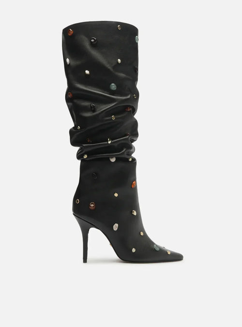 Bota Preta Couro Salto Fino Slouchy Pedras