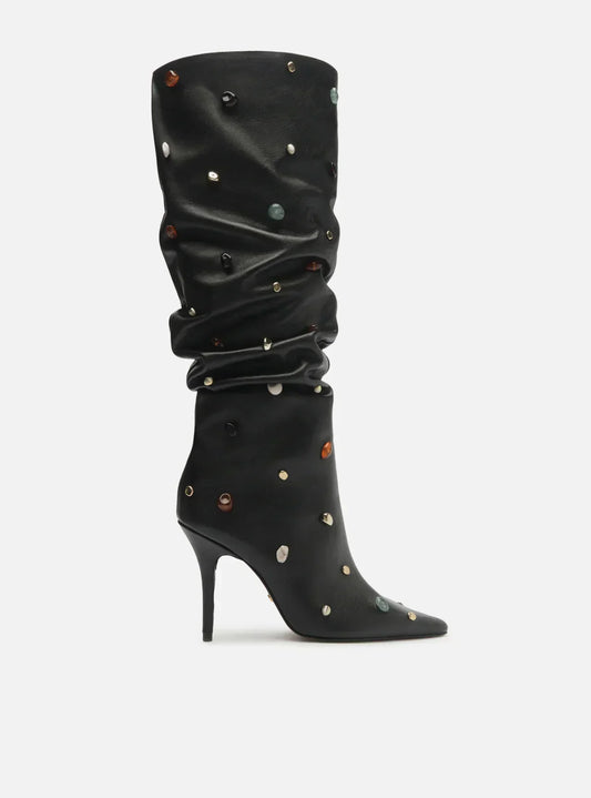 Bota Preta Couro Salto Fino Slouchy Pedras