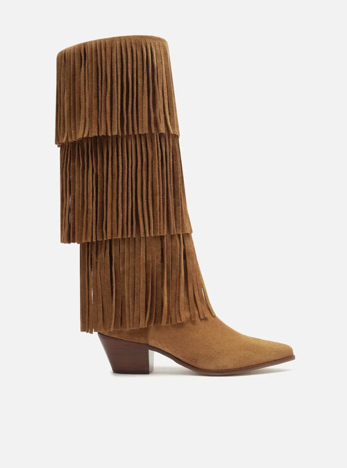 Bota Marrom Suede Cano Médio Bloco Franjas