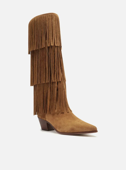 Bota Marrom Suede Cano Médio Bloco Franjas