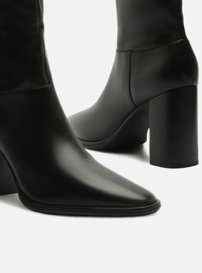 Bota Over The Knee Preta Couro Salto Alto