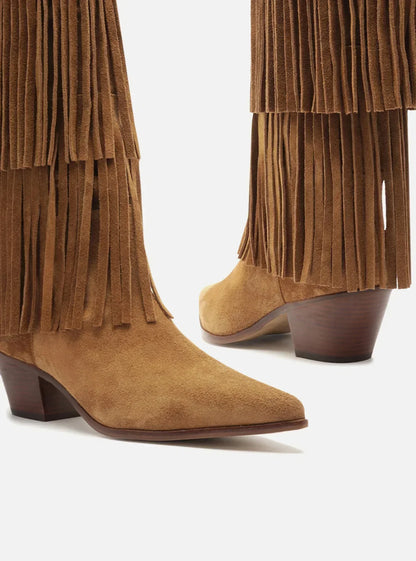 Bota Marrom Suede Cano Médio Bloco Franjas